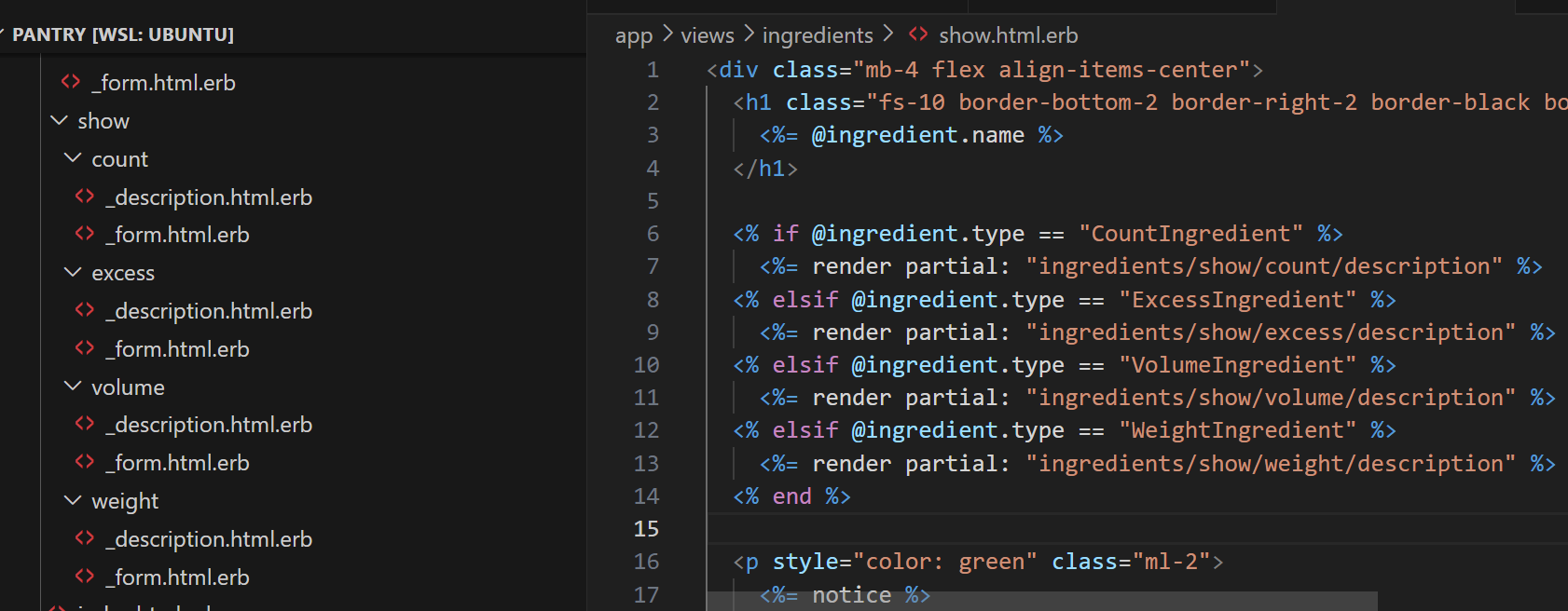 Picture showing the directory structure in the IDE alongside the code of the show template